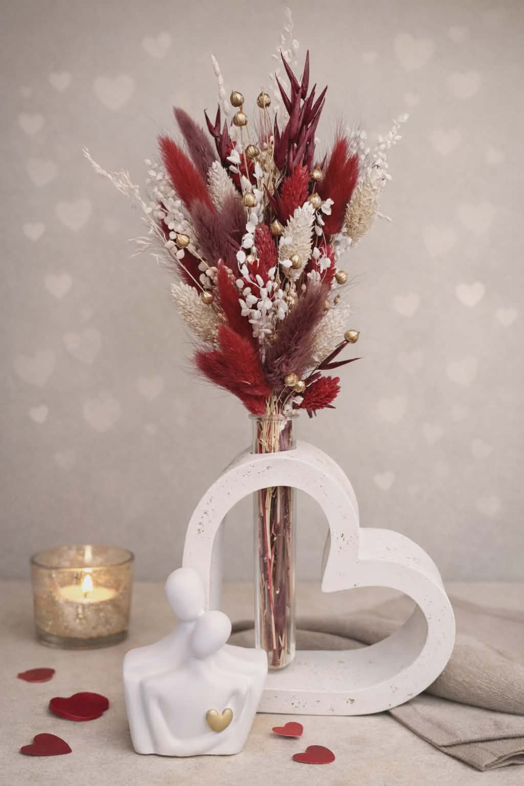 Hartenvaas met beeldje – gepersonaliseerd met droogbloemen